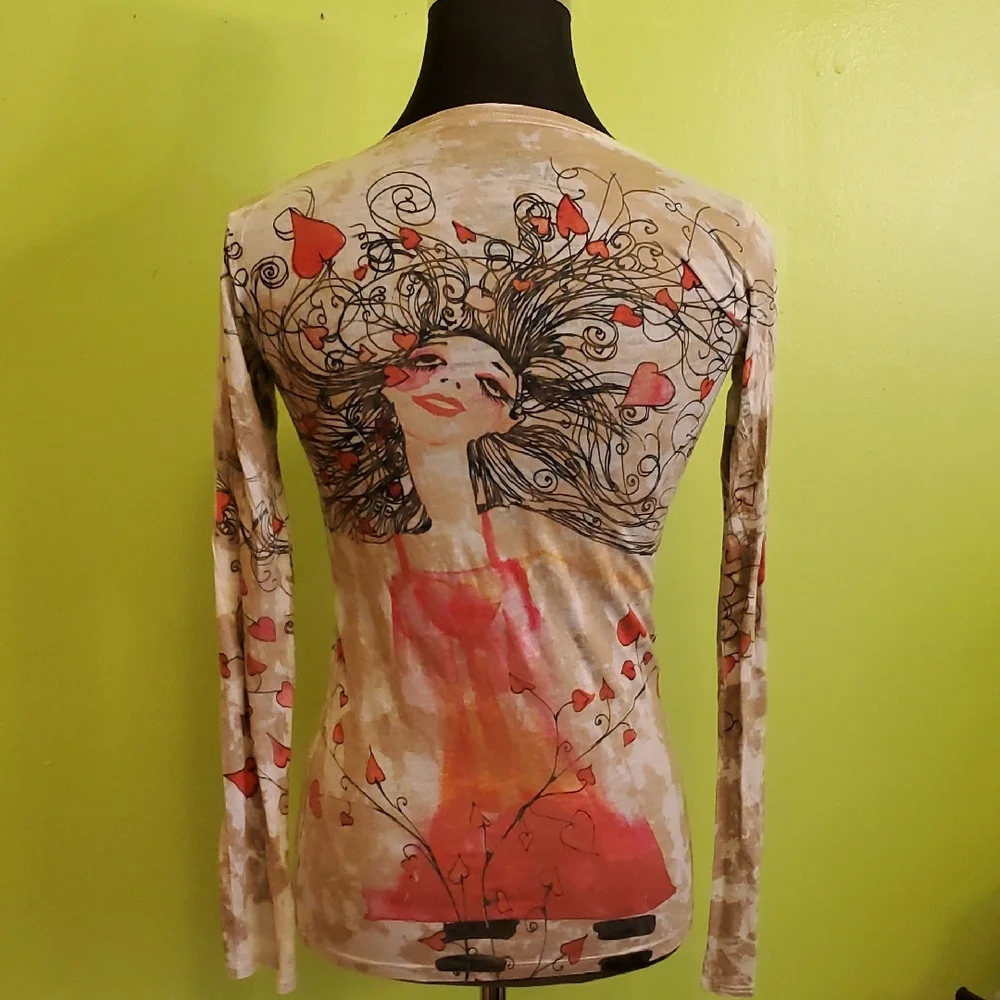 Vibrant Pink and Orange Fitted Graphic Long Sleeve Tee - Picture 3 of 3